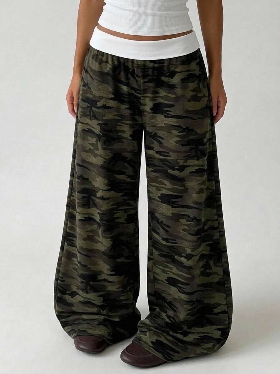 SHEIN Teen Girls Sweatpants, Casual Daily Versatile Comfortable Camouflage Colorblock Straight Leg Sweatpants With Flip Waist, Suitable For All Seasons Fashion Outfit - Army Green - View 1