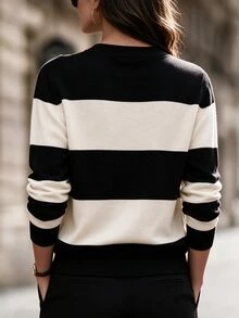 Balvessa Women's Autumn/Winter Striped Long Sleeve Sweater With Shoulder Button Design - Black - View 3