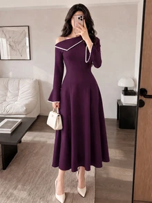 Modelyn 女款不對稱單肩拼色優雅收腰喇叭袖派對洋裝 沙烏地阿拉伯國慶日 - 紫色 - 查看 1