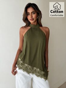 Aloruh 女款蕾絲拼接休閒日常穿搭掛脖上衣 - 軍綠色 - 查看 5