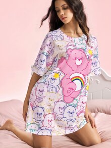 SHEIN X Care Bears 女款卡通印花圓領睡裙，適合日常穿著 - 粉色 - 查看 6