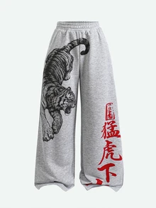 SHEIN 青少年女孩休閒街頭時尚虎頭圖案印花側口袋鬆緊腰寬鬆寬腿運動長褲，四季可穿 - 灰色 - 查看 2