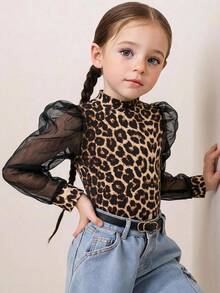Young Girl Leopard Print Mesh Patchwork Casual Daily T-Shirt - Black - View 3