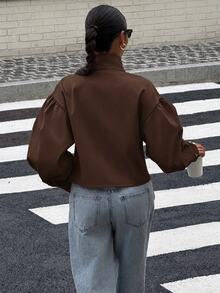Muchica 女款純色長袖前拉鍊休閒街頭風夾克外套，適合夜生活、度假、辦公室派對、工作，黑色，秋季 - 棕色 - 查看 2