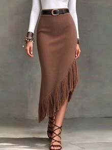 LUMIGAL Women's Vintage Frayed Hem Asymmetrical Knit Skirt - Khaki - View 1