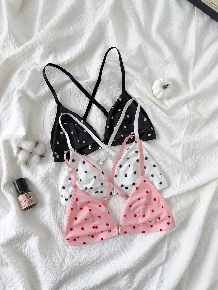 Napfluff Bộ 3 món áo ngực cài trước họa tiết chấm bi phong cách casual thoải mái cho cô gái châu Á - Nhiều màu - Xem 1