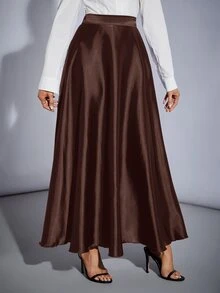 SHEIN Tall 高腰純色喇叭派對女款大寬擺裙，適合高個女性 - 咖啡棕 - 查看 3