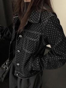 Livesso Women's Polka Dot Single-Breasted Casual Daily Denim Jacket - Black - View 1