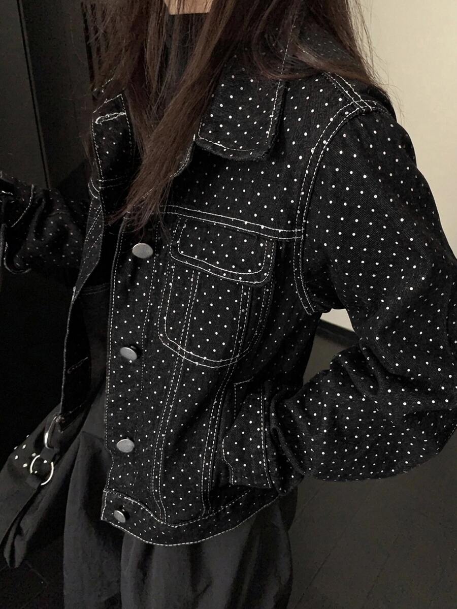 Livesso Women's Polka Dot Single-Breasted Casual Daily Denim Jacket - Black - View 1