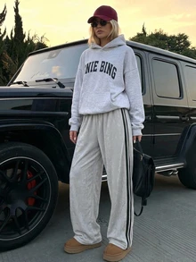 Livesso Women's Side Stripe Fleece Lined Loose Fit Lounge Pants - Grey - View 6