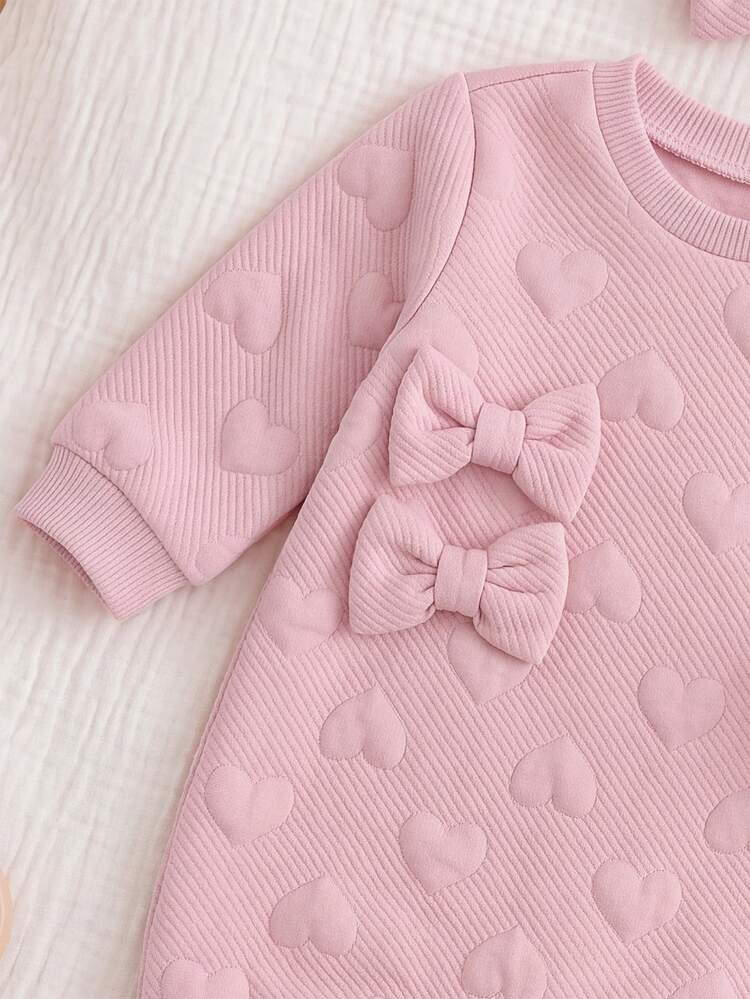 SHEIN Newborn Autumn/Winter Cute Pink Bow & Heart Pattern Long Sleeve Romper Loungewear - Pink - View 6