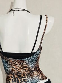 SHEIN ICON 女款豹紋透視細肩帶上衣搭配黑色蕾絲內衣 2件組 - 彩色 - 查看 10