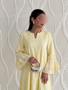SHEIN Najma 女款菱形領紋理波點布料荷葉邊袖口七分袖大裙擺阿拉伯風洋裝 - 黃色 - 查看 7
