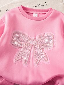SHEIN 女童針織純色圓領亮片蝴蝶結寬鬆休閒衛衣與長褲兩件套 - 粉色 - 查看 8