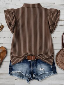Mellowie New Year Thanksgiving Christmas Plus Size Women's Striped Casual Loose V-Neck Double Layer Ruffle Flutter Sleeve Blouse Autumn/Winter New Arrival - Brown - View 3
