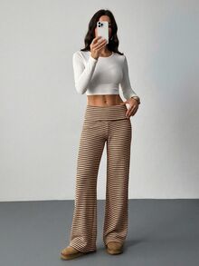 SHEIN Tall 女款休閒卡其色條紋長褲，適合上班與休閒穿著 - 棕色 - 查看 8