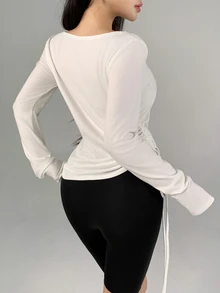 DAZY Women's Solid Color Pleated Casual Daily Travel Sports T-Shirt - White - View 6