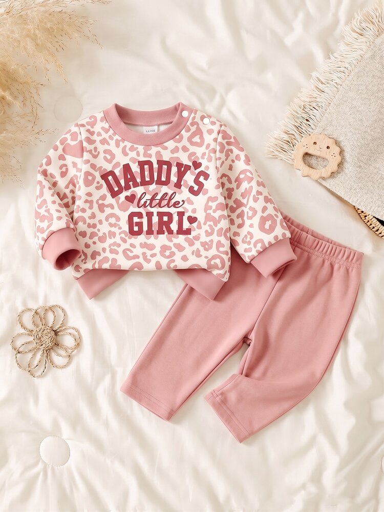 Conjunto casual de uso diario para bebé recién nacido con top de manga larga con estampado de letras y pantalones - Multicolor - Añade 3