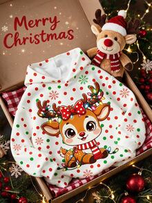 Tween Girl Cartoon Reindeer Kids Print Hooded Autumn Winter Sweatshirt Christmas Sweet & Cool - Multicolor - View 5