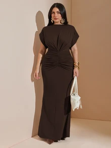 SHEIN BAE CURVE 大尺碼女款純色百褶優雅收腰派對洋裝 - 咖啡棕 - 查看 5