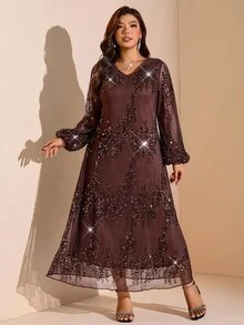 SHEIN LUNE Plus Size Women Solid Color Sequin V-Neck Lantern Sleeve Elegant Dress - Brown - View 1