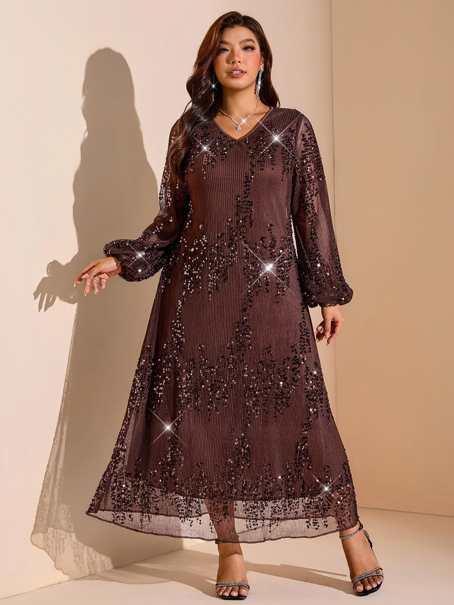 SHEIN LUNE Plus Size Women Solid Color Sequin V-Neck Lantern Sleeve Elegant Dress - Brown - View 1