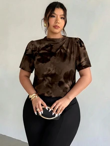 Firerie Casual Romantic Floral Pattern Fabric Plus Size Coffee Color Short Sleeve Shirt - Multicolor - View 5