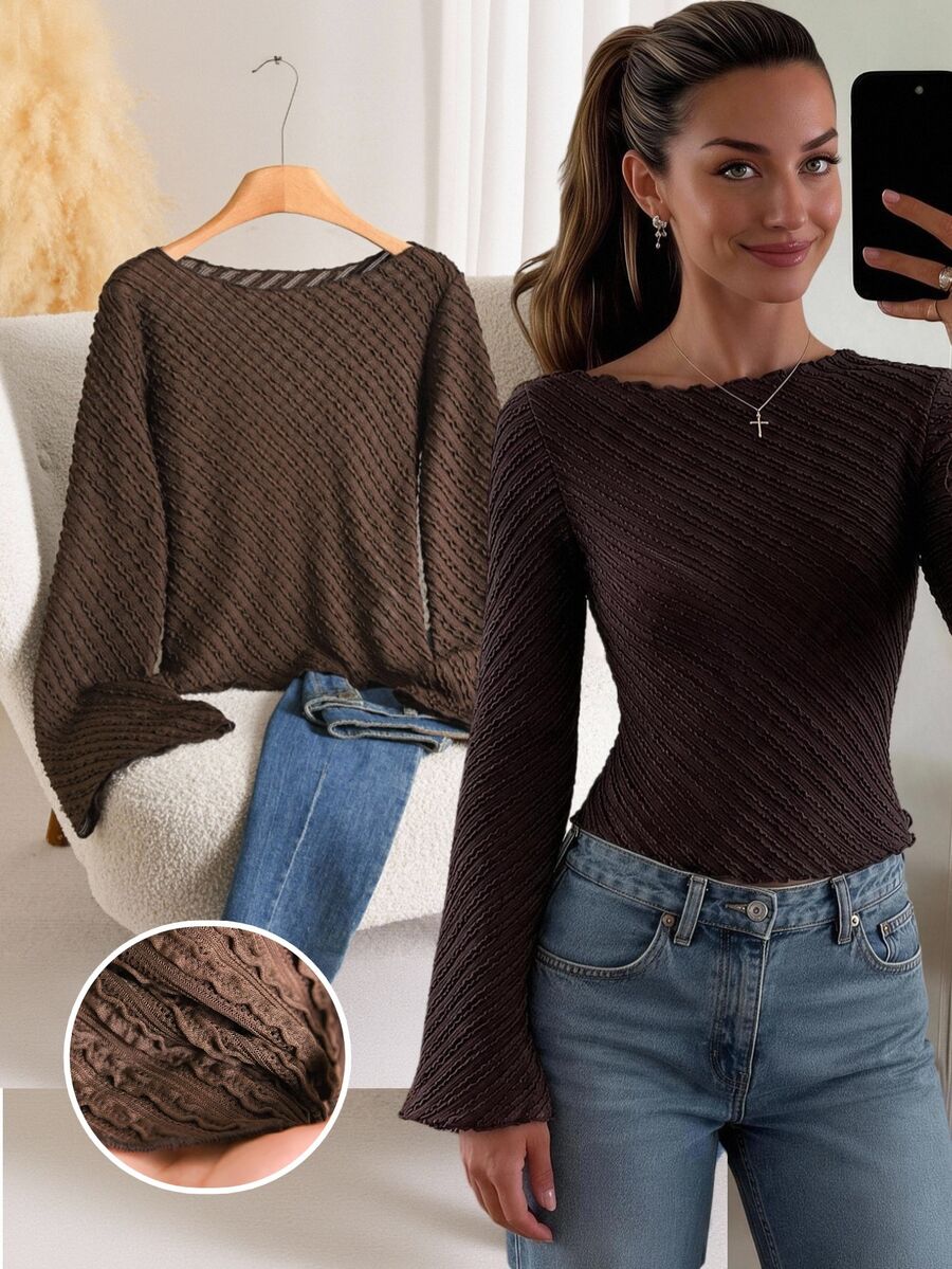 Story & Sage Kaos Liburan Lengan Panjang Bertekstur Kasual untuk Wanita - Coffee Brown - View 1