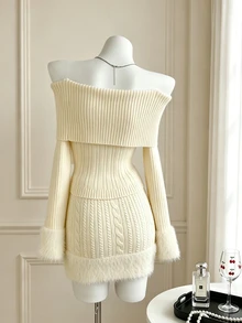 Elamini Women's Autumn/Winter Off-Shoulder Pom Pom Knit Top & Bodycon Fuzzy Patchwork Skirt - Apricot - View 2