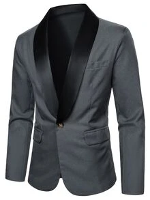 Manfinity Mode Setelan Jas Pria Kerah Syal Warna Polos dengan Kancing Depan, Blazer dan Celana Panjang, Gaya Klasik, Formal, Upacara - Dark Grey - View 6