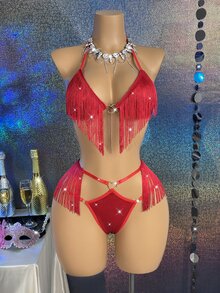MidnightGlam 女款流蘇設計掛脖內衣與丁字褲性感內衣套裝 - 紅色 - 查看 1