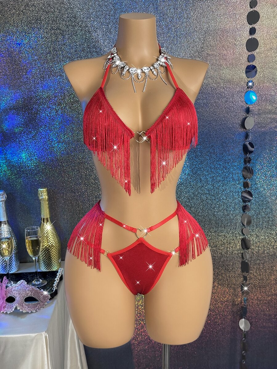MidnightGlam 女款流蘇設計掛脖內衣與丁字褲性感內衣套裝 - 紅色 - 查看 1