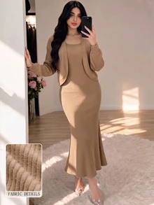 Modelyn طقم نسائي جديد من قطعتين: فستان تانك برقبة دائرية وجاكيت، تصميم محبوك مضلع، أنيق للتنقل بقصة ضيقة للشتاء للخروج - كاكي - مشاهدة 4