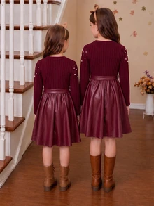 SHEIN Tween Girls Fall Winter Elegant Cute Patchwork Dress, Pearl Beaded Puff Long Sleeve Knit Top Bow Belted A-Line For Thanksgiving Party Formal - Burgundy - View 2
