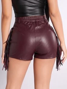 SHEIN PETITE 女款側邊流蘇設計 PU 皮革修身時尚短褲 - 酒紅色 - 查看 2