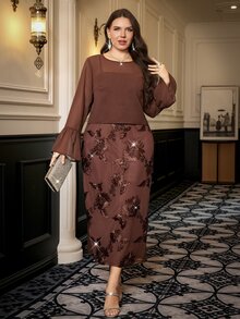 SHEIN Clasi Plus Size Embroidered Cami Dress With Mesh Top 2pcs Set Party Formal Cocktail Brown Elegant - Brown - View 1
