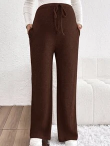 SHEIN 純色前綁帶簡約休閒孕婦長褲 秋季 - 咖啡棕 - 查看 3