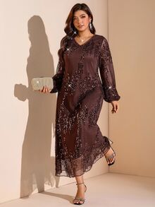SHEIN LUNE Plus Size Women Solid Color Sequin V-Neck Lantern Sleeve Elegant Dress - Brown - View 7