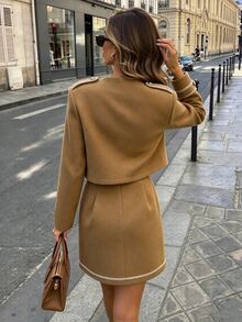 SHEIN PariChic Women's Minimalist French Napoleon Style Top And Skirt 2 Pieces Set - Light Coffee - View 2