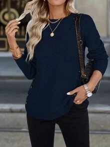 Elafinee Plain Round Neck Long Sleeve Button Embellished Simple Casual Top, Knit Pullover Fall Winter - Navy Blue - View 1