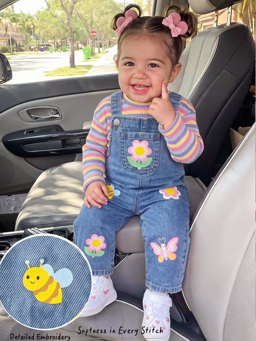 Cozy Pixies Baby Girl Floral Pattern Casual Daily Innovative Cup Strap Denim Jumpsuit - Blue - View 1