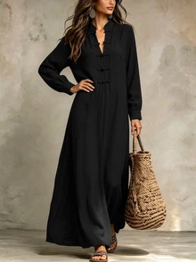 Linhara CURVE Plus Size Women's Solid Color Stand Collar New Chinese Style Draped Wide Hem Frog Sleeve Long Dress With Button Design, Suitable For Daily Casual Indoor And Outdoor Wear - Multicolor - View 3
