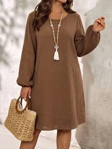 EMERY ROSE Plus Size Brown Textured Round Neck Long Sleeve Dress Elegant Formal Fall Winter 2026 - Brown - View 4