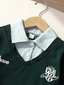 SHEIN Elladie kids 女童長袖T恤套裝，秋季新款，秋季、假期、返校季，海軍藍學院風對比色海豹蝴蝶結翻領運動衫 - 墨綠色 - 查看 8