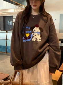 DAZY 女款圓領卡通長袖運動衫，甜美風秋季連帽衛衣，抓絨內裡 - 咖啡棕 - 查看 6