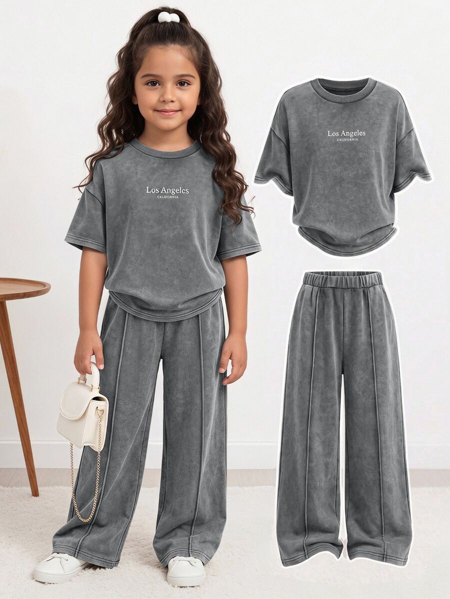 SHEIN 少女字母印花圓領短袖T恤與長褲休閒日常套裝 - 灰色 - 查看 1