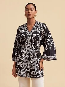 Travachic Women's All-Over Print Waist Tie Casual Versatile Long Sleeve Jacket - Black - View 4