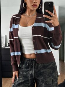 POPSWAY Plus Size Women's Striped Long Sleeve Single-Breasted Casual Knit Cardigan Winter - Multicolor - View 5