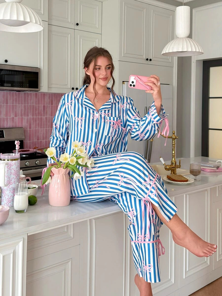 Slumberry CURVE Sweet Hot Girl Contrast Color Striped Bow Puff Wrinkle Plus Size Pajama Set - Blue - View 1