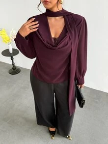 Firerie Plus Size Women Lace Patchwork Casual Daily Long Sleeve Blouse - Purple - View 6